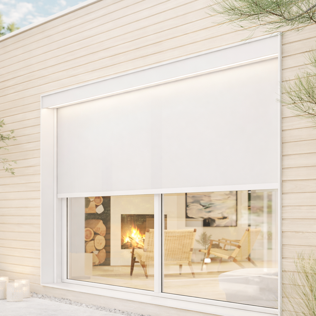 Senkrechtmarkise als Sonnen- und Sichtschutz an einer modernen Fensterfront