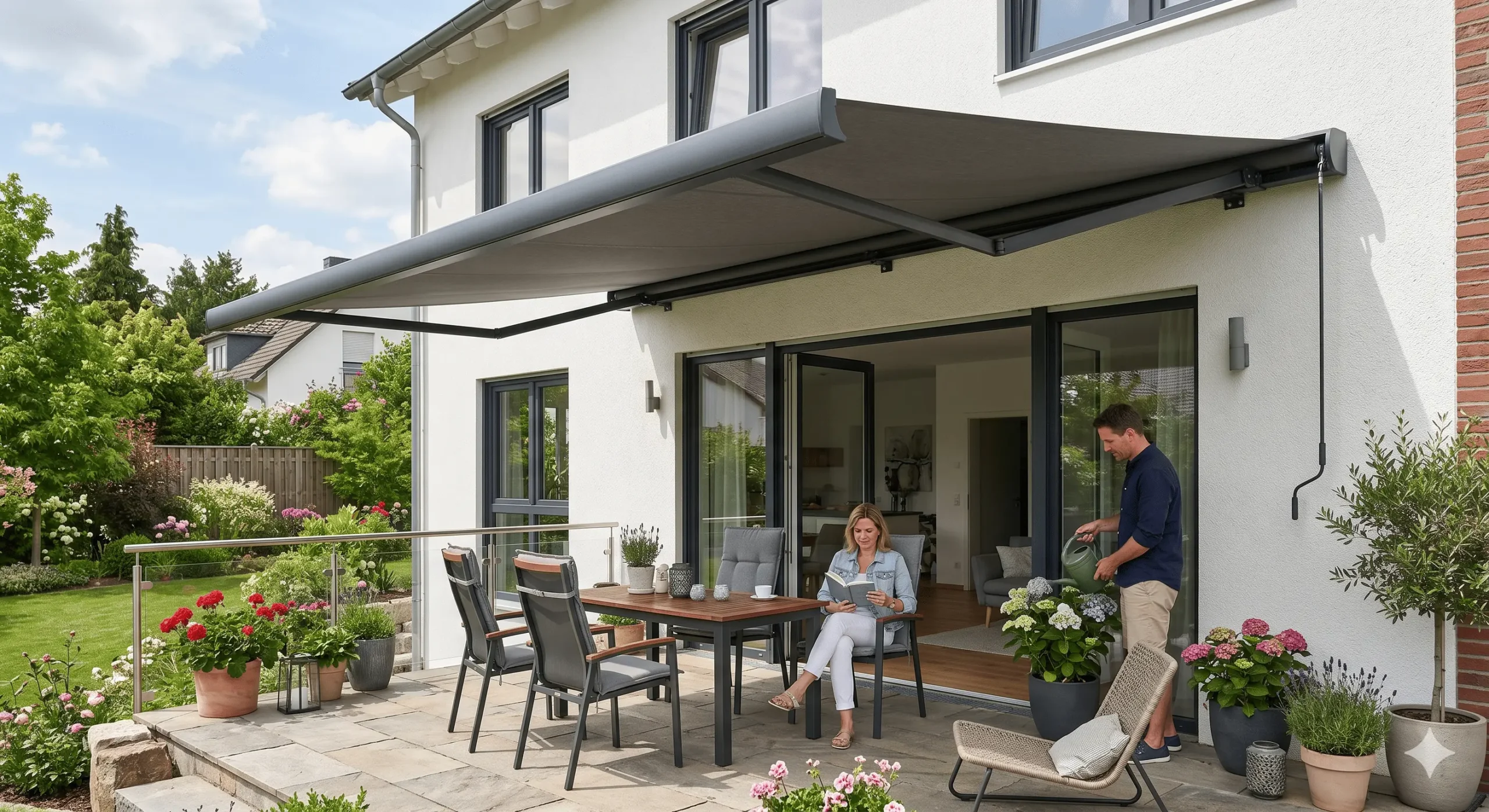 Gelenkarmmarkise als Sonnenschutz über einer Terrasse