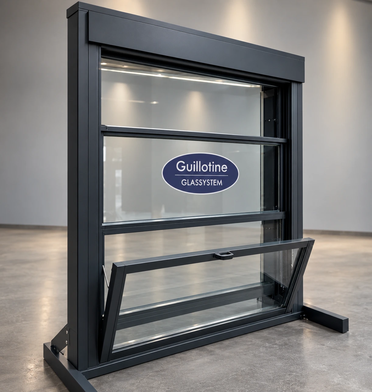 Guillotine-Glassystem mit vertikal öffnenden Glaselementen