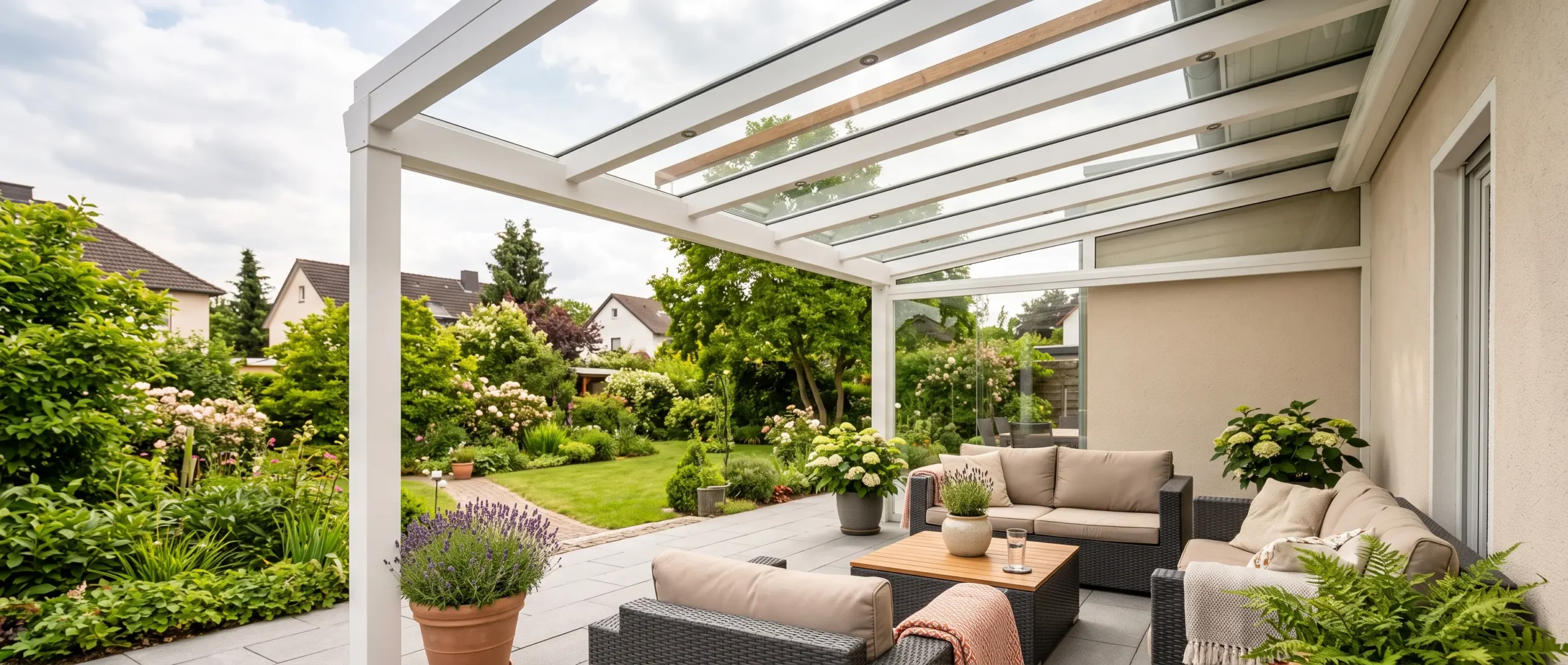 Terrassenüberdachung Duisburg – überdachte Terrasse mit Glasdach und anthrazitfarbenem Aluminiumgestell, montiert von Pracomf